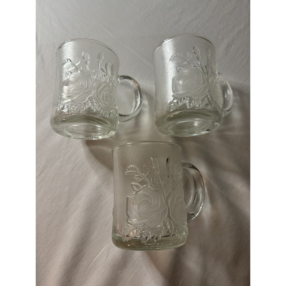 3X Vtg Pasari Livia Frosted Rose Glass Mugs Cups GB-1199 Indonesia Victorian